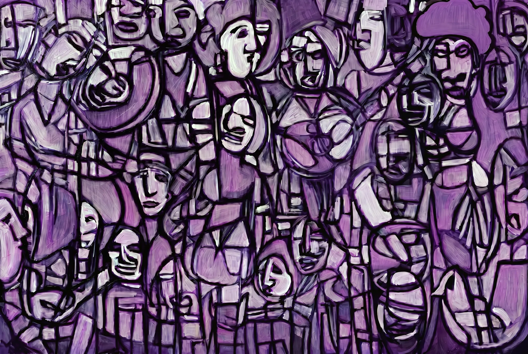 Painting by Karl Lubbering depicting the human condition rendered in purple.