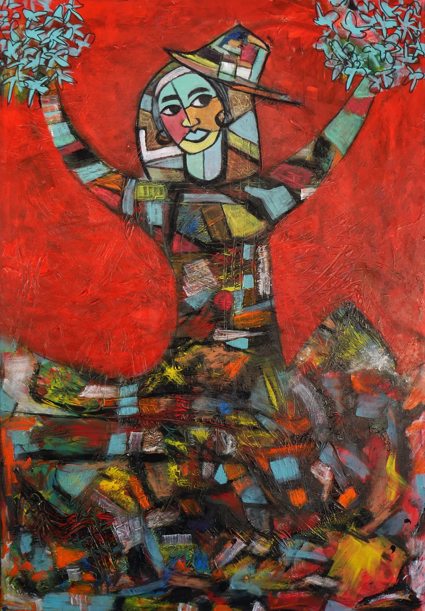 Painting by Karl Lubbering depicting a cheerleader mid-motion.