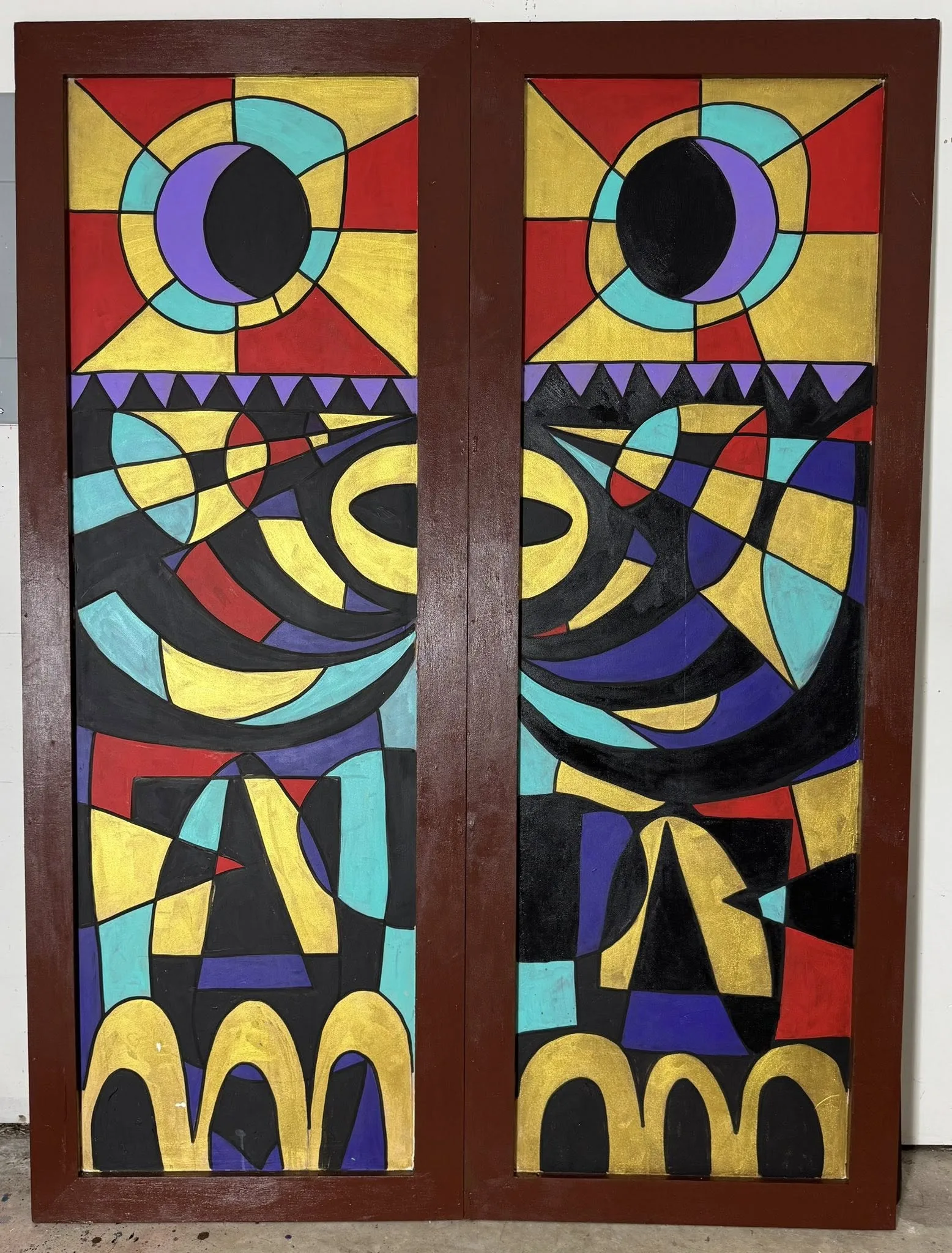 Painting by Karl Lubbering depicting an abstract pair painted across doors.