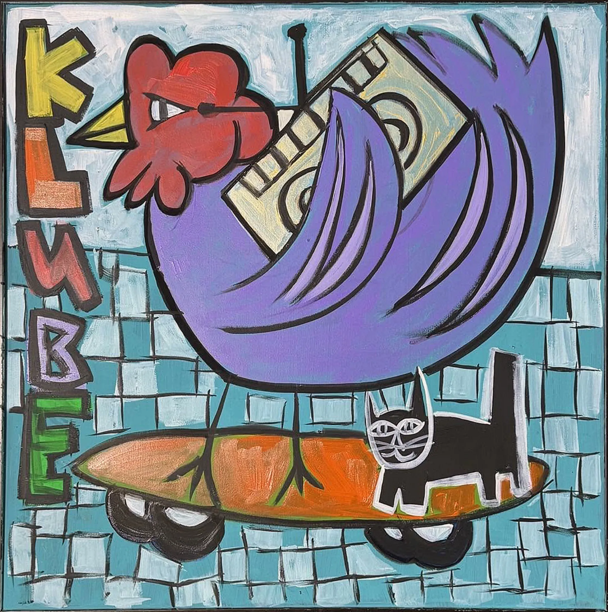 Painting by Karl Lubbering depicting a chicken and cat on a skateboard.
