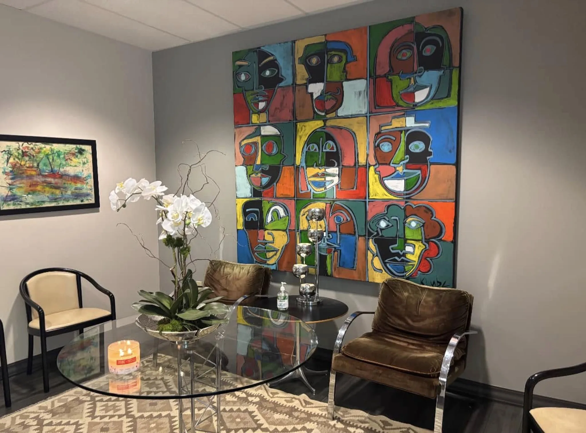 Painting by Karl Lubbering depicting a grid of faces in a waiting room.