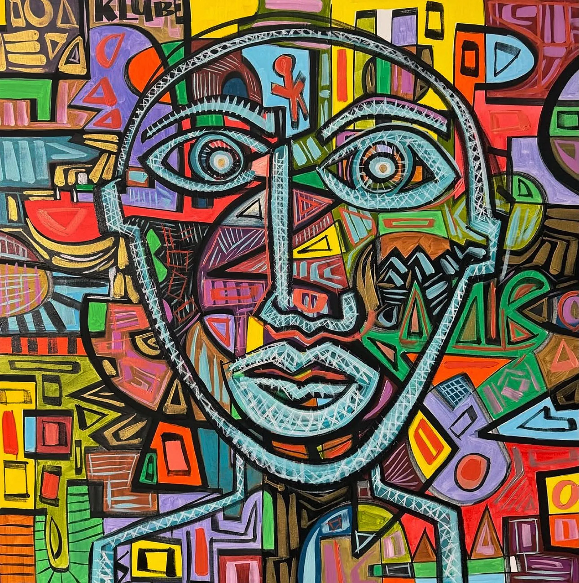 Abstract painting by Karl Lubbering of a man broken into geometric planes of color.