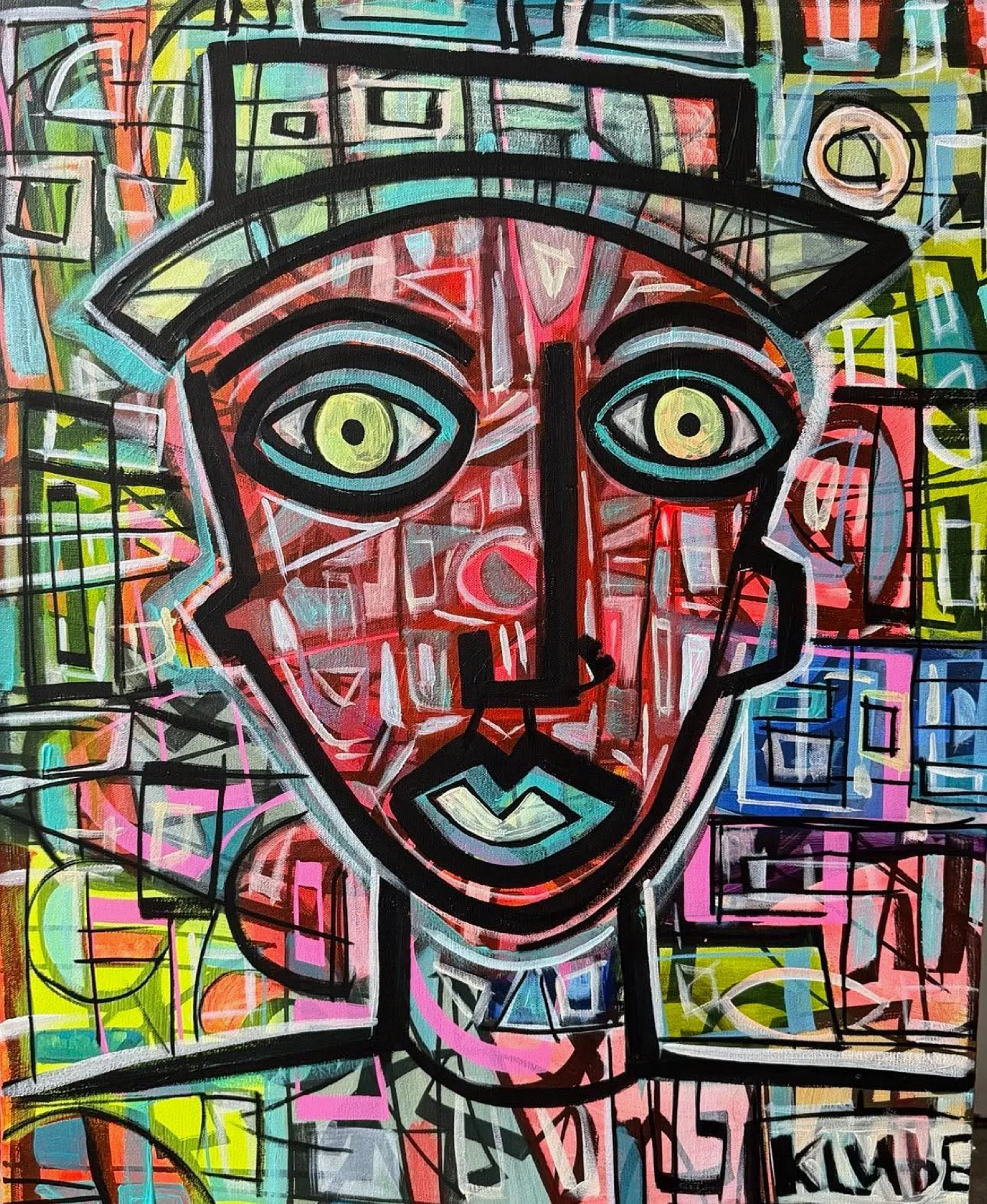 Painting by Karl Lubbering depicting a hatted man fractured into shards of color.