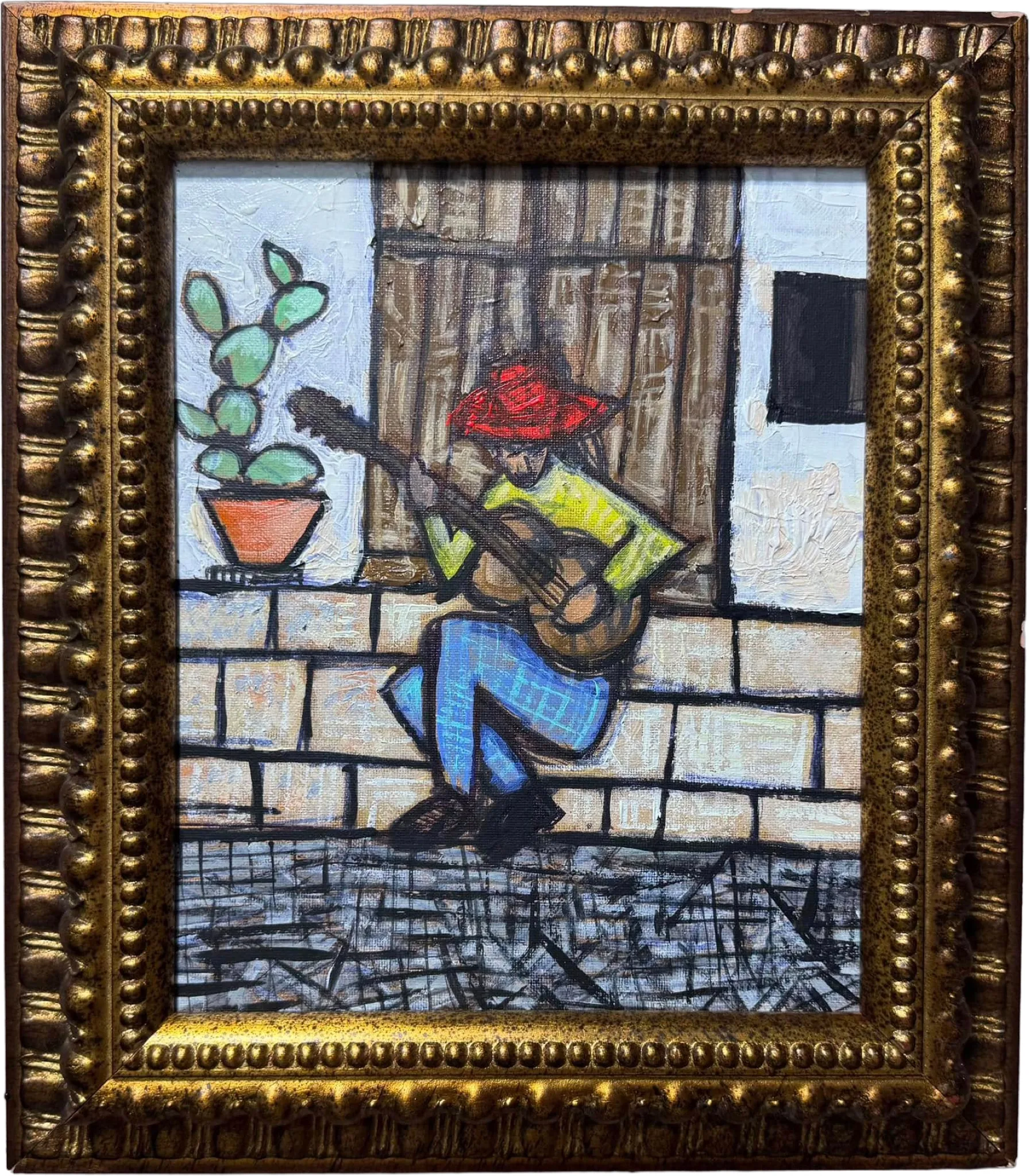 Painting by Karl Lubbering depicting a hatted musician bent over a guitar.