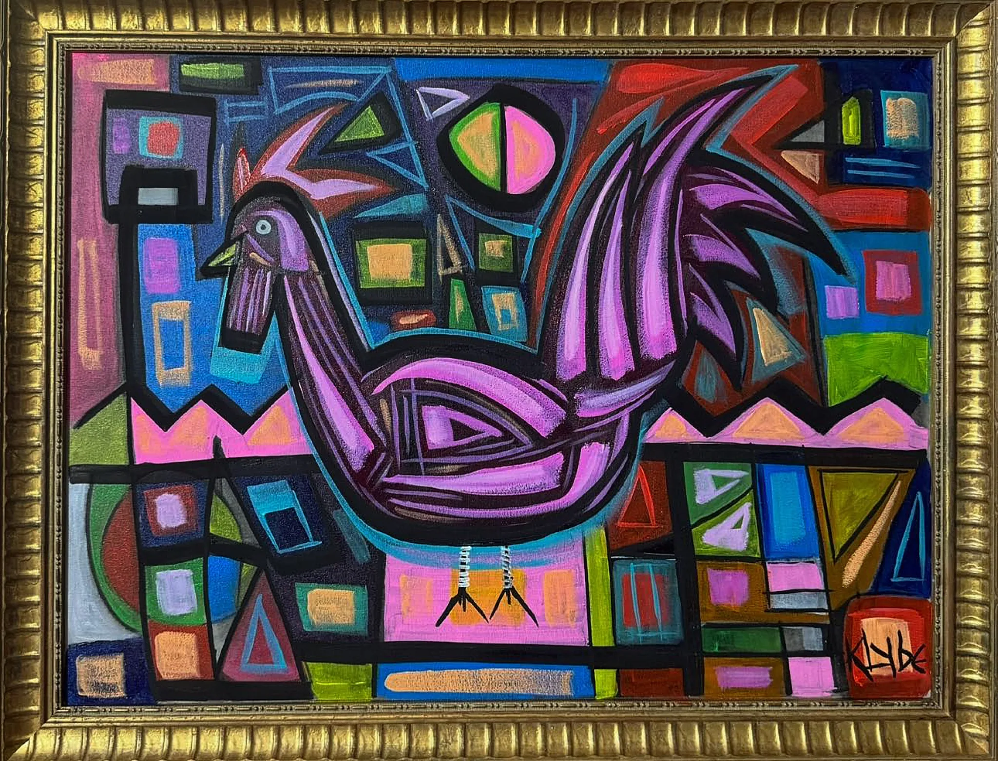 Painting by Karl Lubbering depicting a rooster in deep purple.
