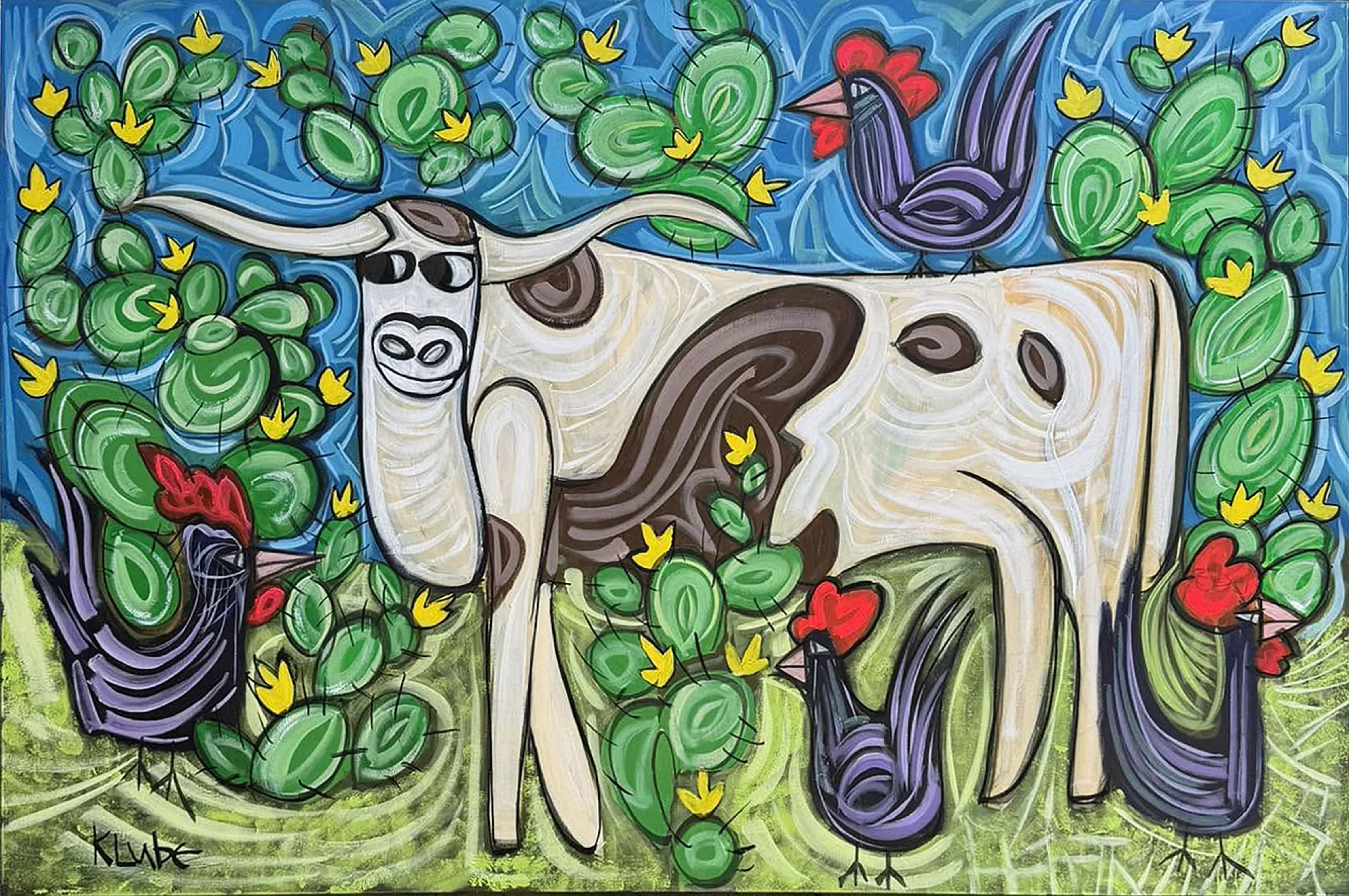 Painting by Karl Lubbering depicting a steer surrounded by chickens.